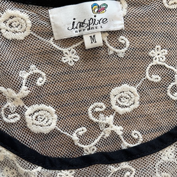 Ivory & Black Crochet & Lace Ruffle Peplum Blouse - Picture 3 of 11